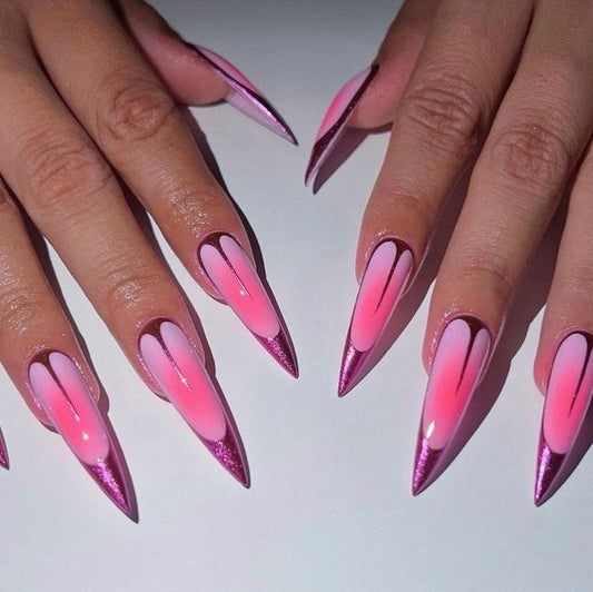 Stiletto Pink Gradient Press-On Nails – Metallic Tips with Glitter Heart Petal Design | Handmade Romantic Nail Art