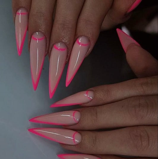 Stiletto Nude Press-On Nails – Neon Pink Outline & Cuticle Curve Design | Handmade Modern Nail Art
