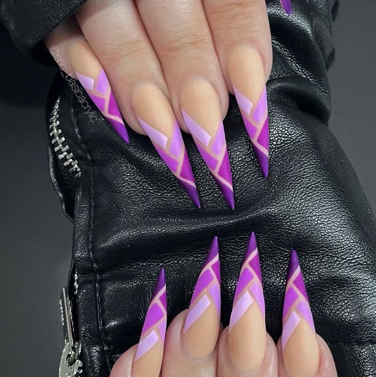 Stiletto Nude Press-On Nails – Purple & Pink Geometric Stripe Design | Handmade Artistic Nail Set