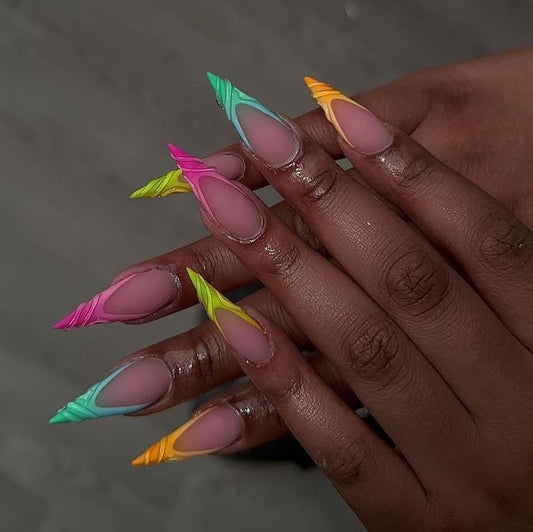 Stiletto Matte Nude Press-On Nails – 3D Neon Swirl Sculpted Tips | Handmade Artistic Nail Set