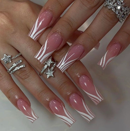 Stiletto Pink Gradient Press-On Nails – Metallic Tips with Glitter Petal Design | Handmade Astrological Nail Art