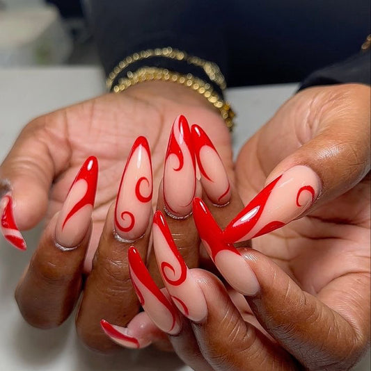 Almond Nude Press-On Nails – Red Abstract Flame & Swirl Design | Handmade Glossy Nail Art