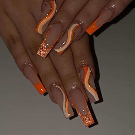 Square Nude Press-On Nails – Orange & Gold Wavy Design | Handmade Glossy Artistic Nail Set