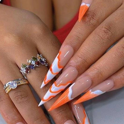 Stiletto Nude Press-On Nails – Orange & White Swirl Design with Gold Accents | Handmade Artistic Nail Set