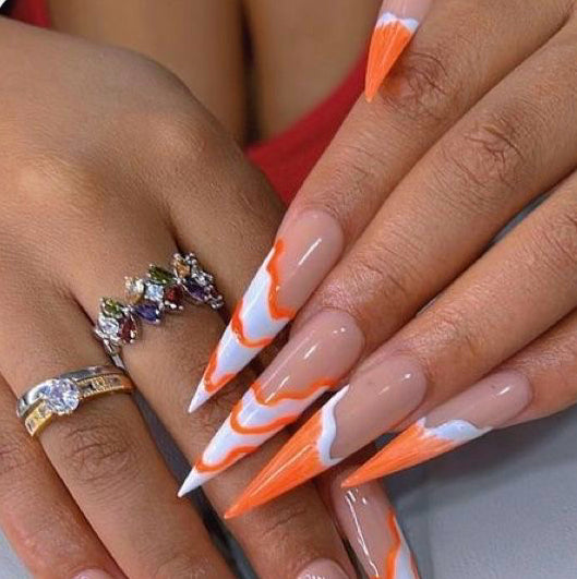 Stiletto Nude Press-On Nails – Orange & White Swirl Design with Gold Accents | Handmade Artistic Nail Set