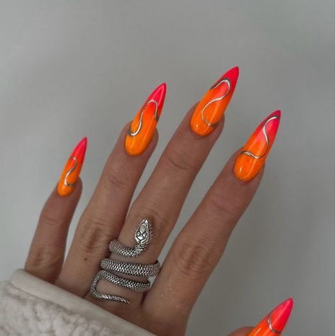 Stiletto Neon Ombre Press-On Nails – Orange to Pink Gradient with White & Silver Swirl Accents | Handmade Glossy Nail Art