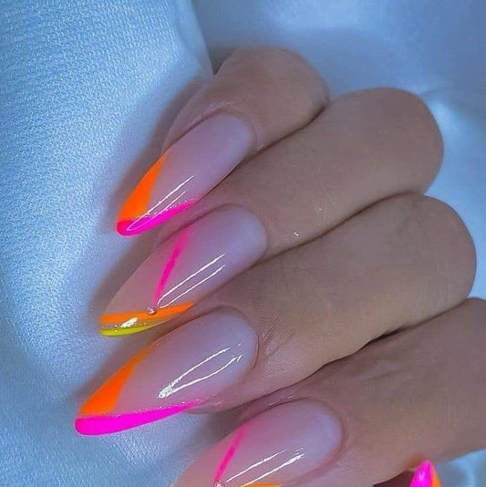 Almond Nude Gradient Press-On Nails – Neon Stripe Design with Rhinestone Accent | Handmade Glossy Nail Art