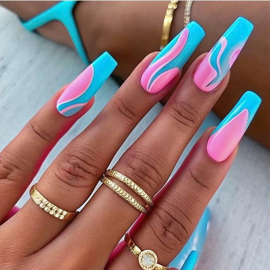 Square Neon Swirl Press-On Nails – Blue, Pink & White Abstract Design | Handmade Glossy Summer Nail Art