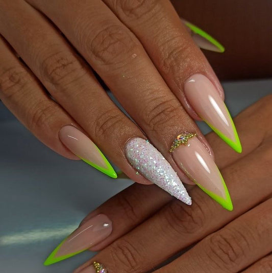 Stiletto Nude & Neon Green Press-On Nails – Glitter Accent with Gold Chain & Rhinestone | Handmade Luxe Nail Art