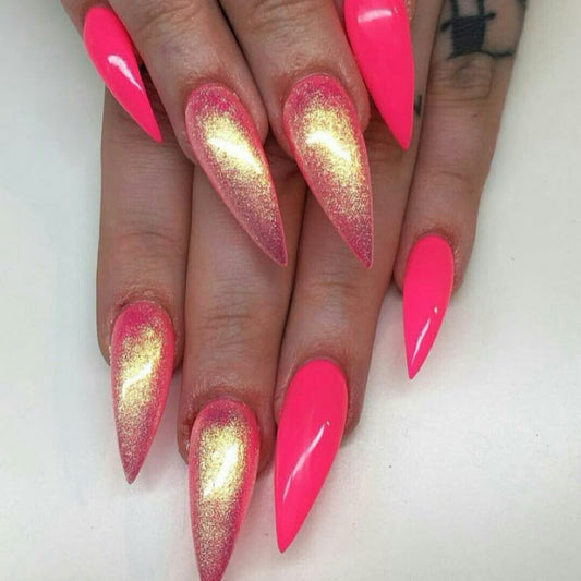 Stiletto Neon Pink Press-On Nails – Metallic Ombre Gradient with Gold Reflective Finish | Handmade Glossy Nail Art