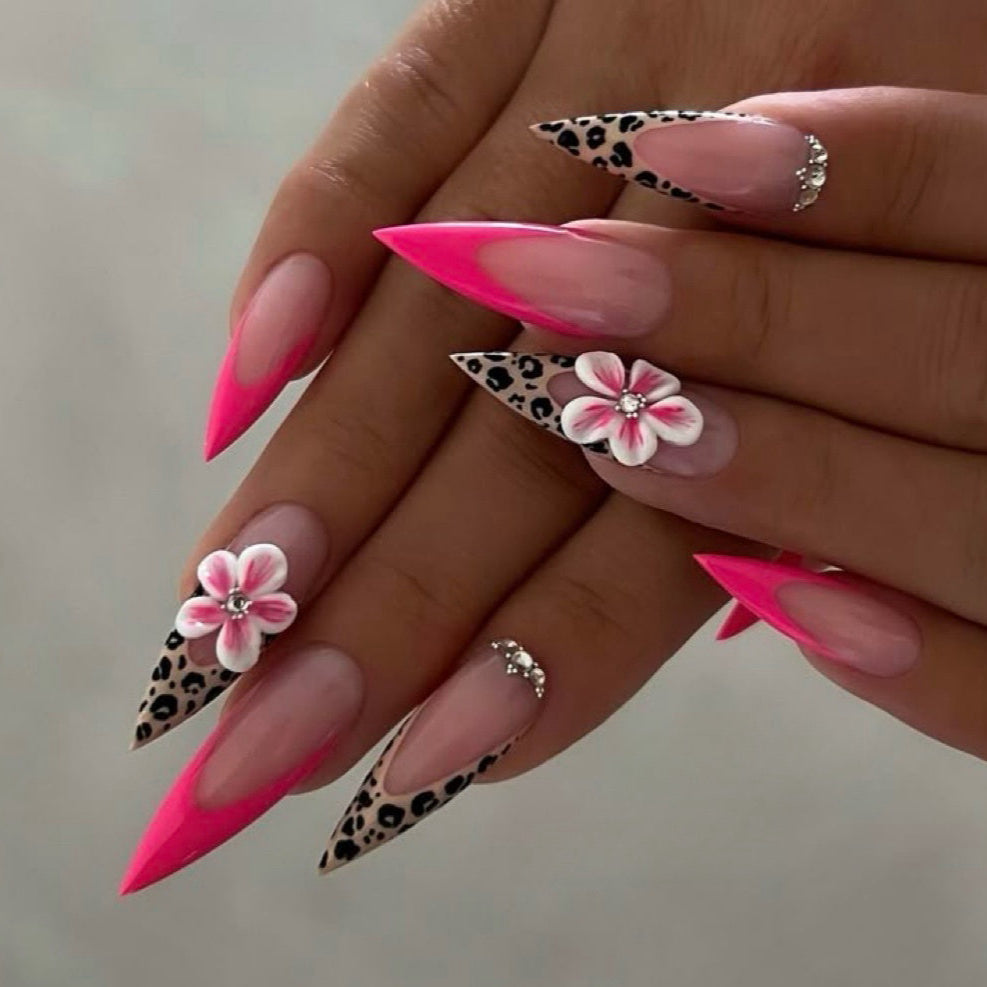 Stiletto Neon Pink Press-On Nails – Leopard Print & 3D Floral Accents with Rhinestones | Handmade Bold Nail Art