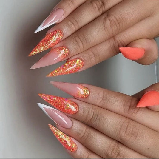 Stiletto Matte Orange Press-On Nails – Glitter Flame Design with Nude Base & White Tip Accent | Handmade Luxe Nail Art