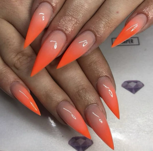 Stiletto Neon Orange Ombre Press-On Nails – Nude Gradient Base with Glossy Finish | Handmade Bold Nail Art