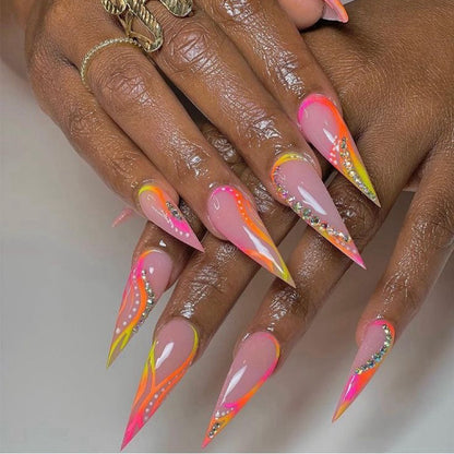 Stiletto Neon Flame Press-On Nails – Pink, Orange & Yellow Gradient with Rhinestone Accents | Handmade Bold Nail Art