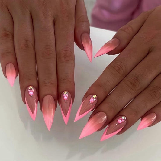 Stiletto Pink V-Tip Press-On Nails – Nude Gradient Base with Heart & Rhinestone Accents | Handmade Romantic Nail Art
