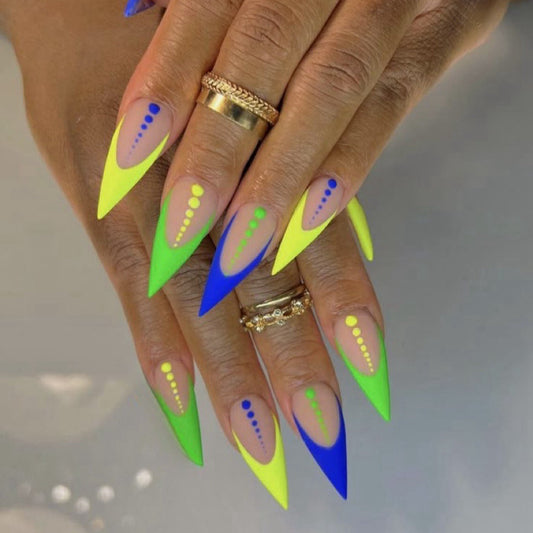 Stiletto Neon Dotline Press-On Nails – Nude Base with Green, Yellow & Blue Tips | Handmade Geometric Nail Art