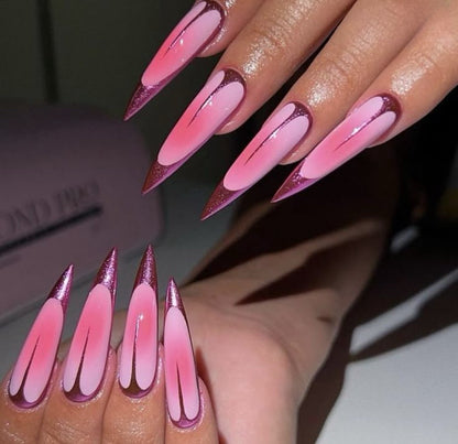 Stiletto Pink Gradient Press-On Nails – Metallic Tips with Glitter Heart Petal Design | Handmade Romantic Nail Art