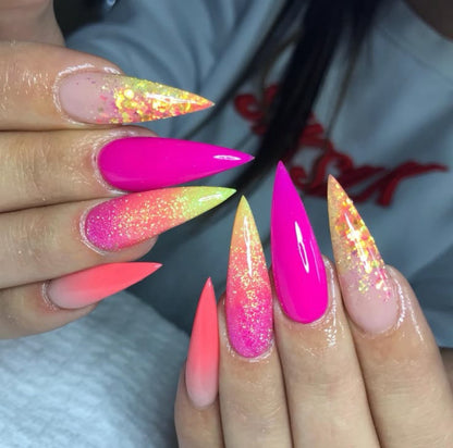Stiletto Neon Gradient Press-On Nails – Pink, Orange & Yellow with Glitter Flakes | Handmade Glossy Festival Nail Art