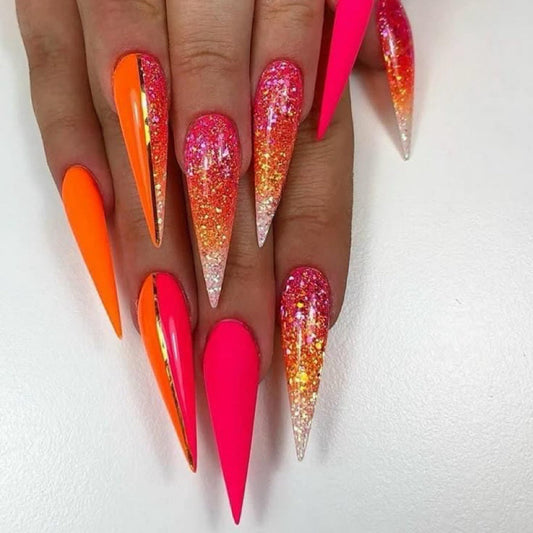 Stiletto Neon Sunset Press-On Nails – Pink, Orange & Yellow Gradient with Glitter White Tips | Handmade Glossy Festival Nail Art