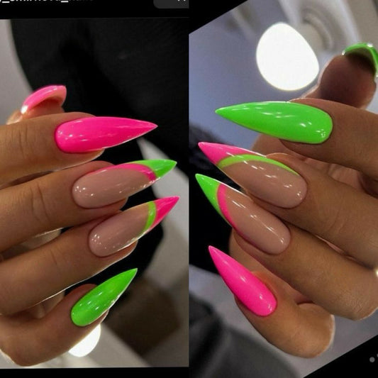 Stiletto Neon French Press-On Nails – Alternating Pink & Green Tips with Nude Base | Handmade Glossy Nail Art