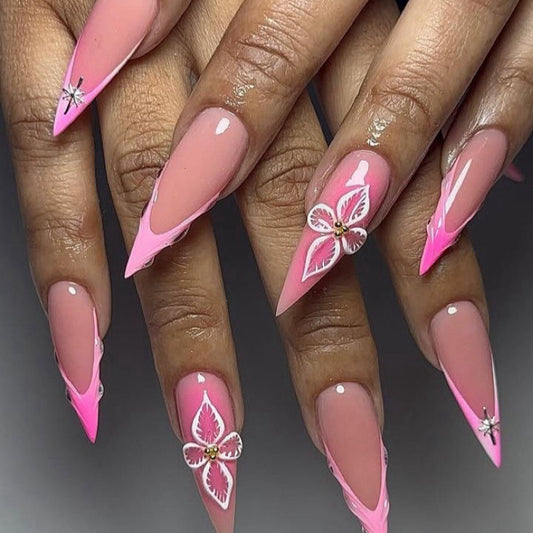 Stiletto Pink V-Tip Press-On Nails – Nude Base with Butterfly & Rhinestone Heart Accents | Handmade Romantic Nail Art