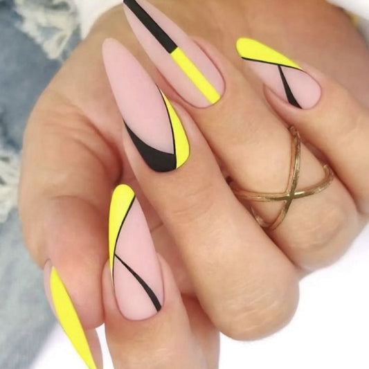 Almond Matte Nude Press-On Nails – Neon Yellow & Black Geometric Design | Handmade Modern Nail Art