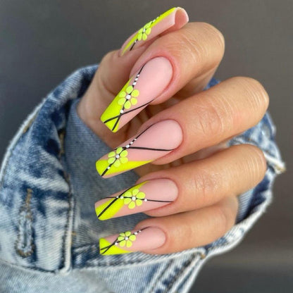Almond Matte Pink & Neon Yellow Press-On Nails – Floral & Geometric Line Art | Handmade Playful Nail Design