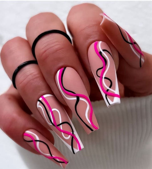 Square Nude Press-On Nails – Abstract Black, White & Pink Swirl Design | Handmade Glossy Graphic Nail Art