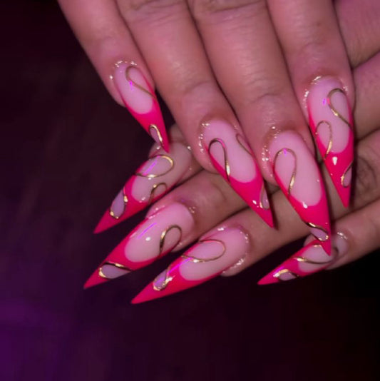 Stiletto Pink Swirl Press-On Nails – Nude Base with Gold Accents | Handmade Glossy Sculptural Nail Art