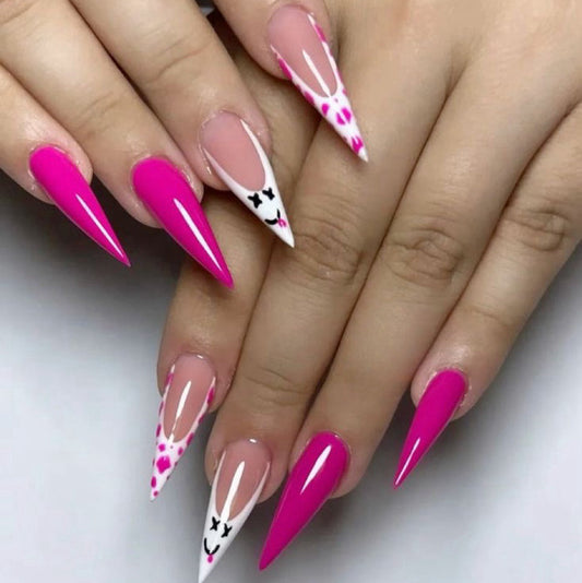 Stiletto Hot Pink Press-On Nails – Cartoon Face & Heart Tip Design | Handmade Playful Nail Art