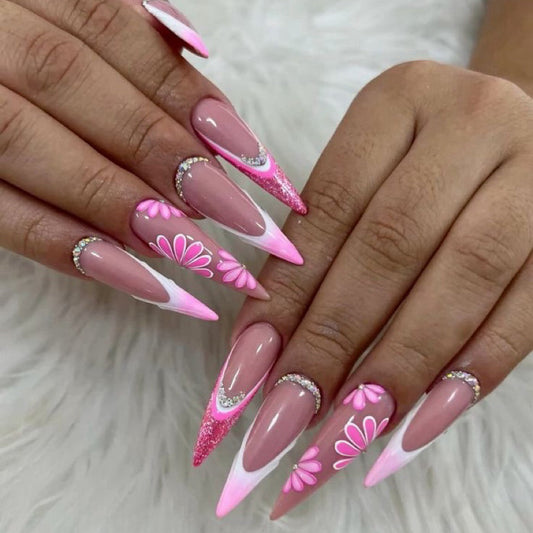 Stiletto Pink Floral Press-On Nails – Gradient Tips with Rhinestones & 3D Blossoms | Handmade Glossy Romantic Nail Art