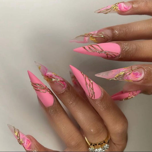 Stiletto Pink Marble Press-On Nails – Nude Base with Gold Foil Accents & Glossy Finish | Handmade Luxe Nail Art