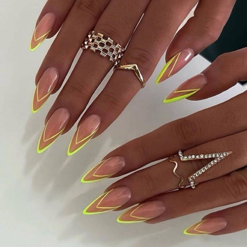 Almond Nude Press-On Nails – Double V French Tips in White & Neon Yellow | Handmade Modern Luxe Nail Art