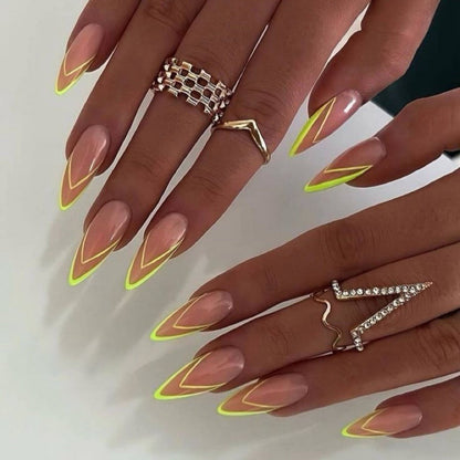 Almond Nude Press-On Nails – Double V French Tips in White & Neon Yellow | Handmade Modern Luxe Nail Art