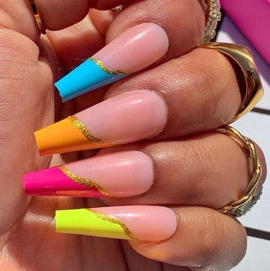Colorful French - Tip Acrylic Nails with Gold Glitter Accents