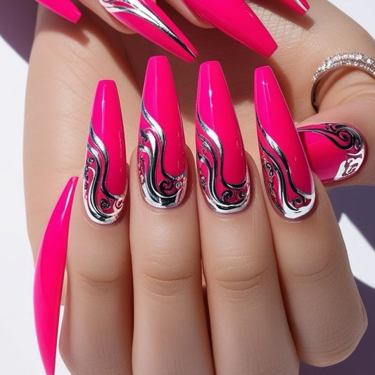 Stunning Hot Pink Stiletto Nails with Silver Swirls