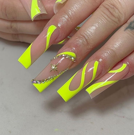 Neon Yellow French Tip Nails with Rhinestone Accents