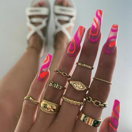 Trendy Swirl Acrylic Nails with Gold Rings - For Fashion - Forward You