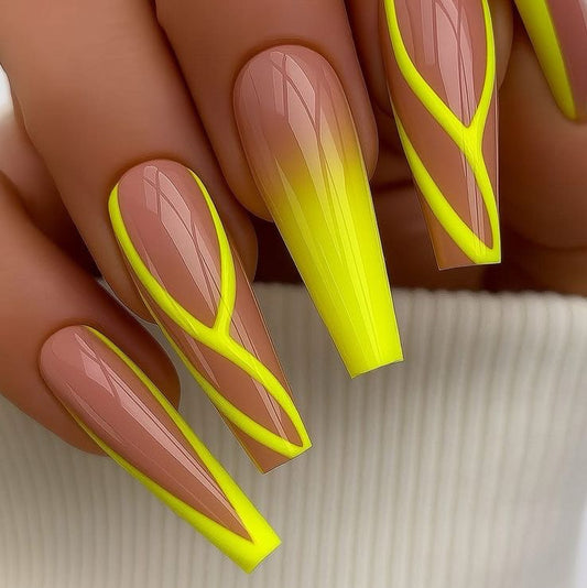 Glamorous Long Almond Nails: Nude & Neon Yellow Chic