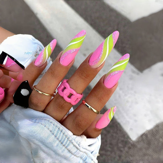 Trendy Pink & Neon Green Stiletto Nails with Rings