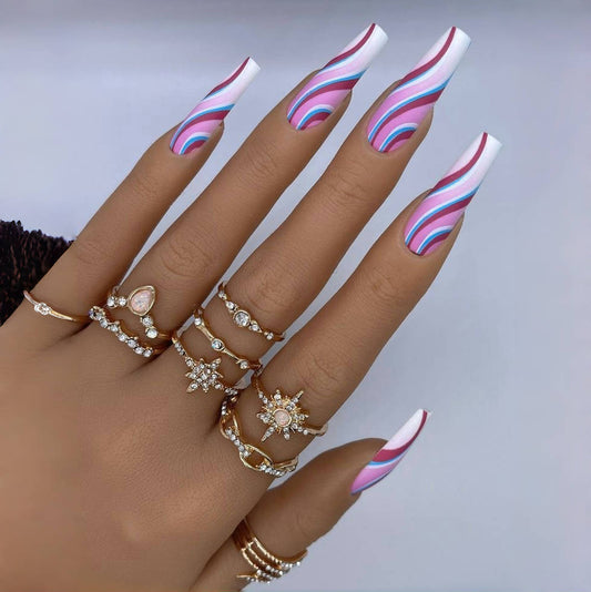 Chic Striped Nails with Sparkling Rings Set - European & American Fashion