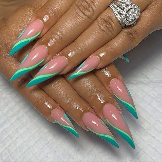Gorgeous Pink & Teal Stiletto Nails - Trendy European & American Style