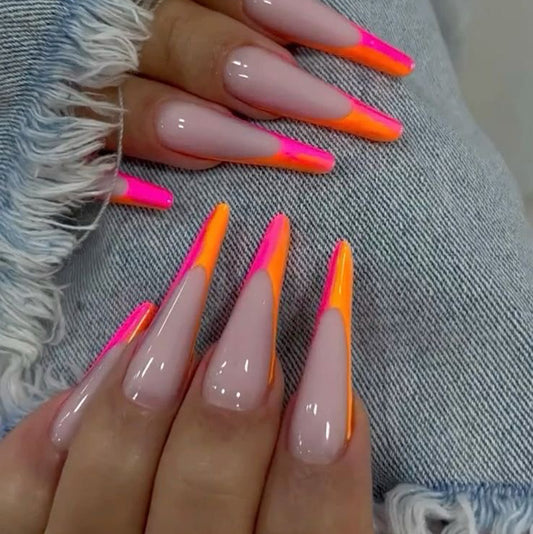 Neon Pink & Orange Stiletto Nails - Trendy European & American Style
