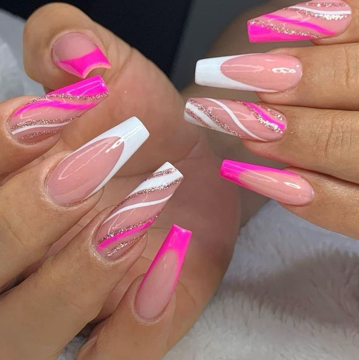 Chic Pink & White Acrylic Nails with Glitter Accents