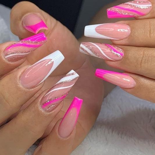 Chic Pink & White Acrylic Nails with Glitter Accents