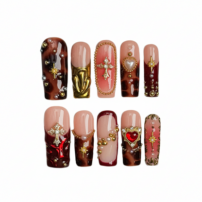 Gothic Royal Cross 3D Press-On Nails – Handmade Luxury Nail Set