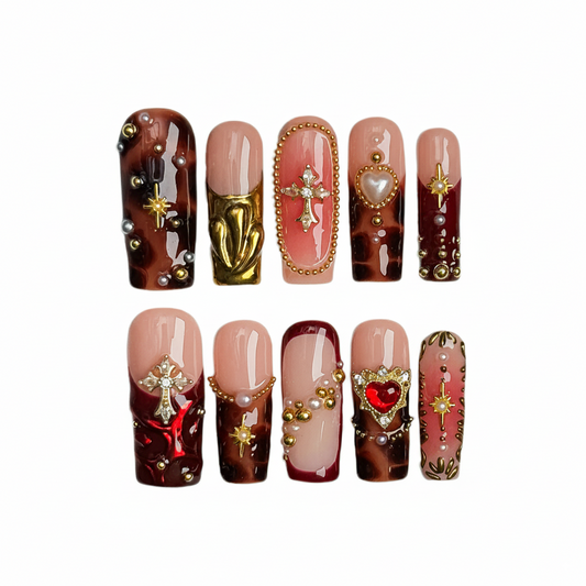 Gothic Royal Cross 3D Press-On Nails – Handmade Luxury Nail Set
