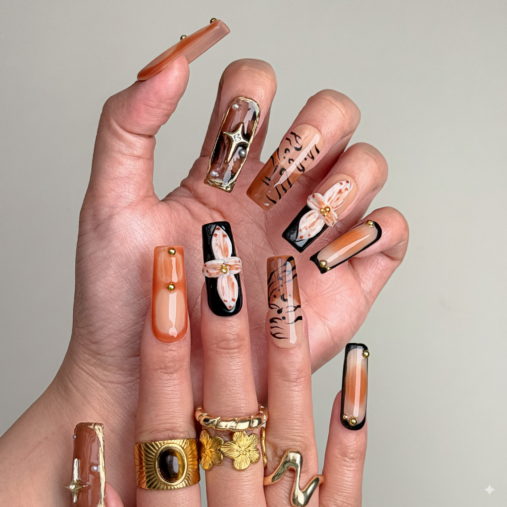 Rustic Bloom Press-On Nails – Earthy Brown & White Floral Accents