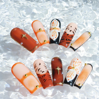 Rustic Bloom Press-On Nails – Earthy Brown & White Floral Accents