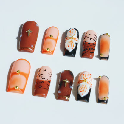 Rustic Bloom Press-On Nails – Earthy Brown & White Floral Accents